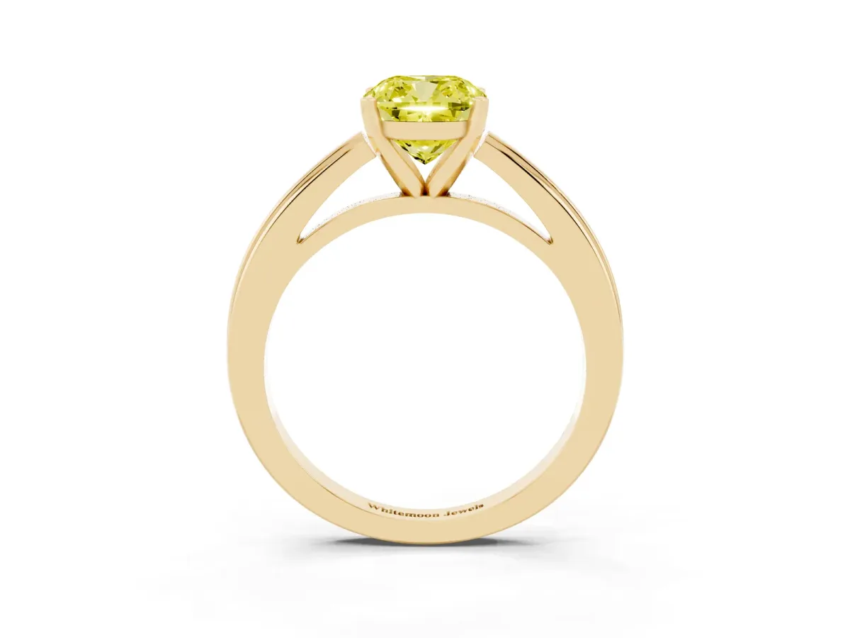 Fancy Yellow Cushion Cut Solitaire Diamond Ring with Four-Prong Setting and Classic Band Yellow gold