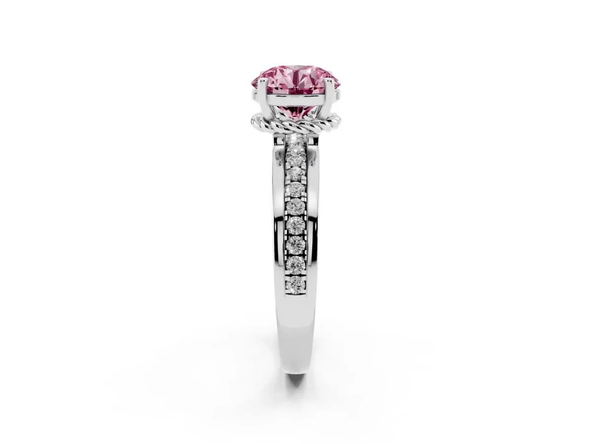 Fancy Pink Round Cut Solitaire Diamond Ring with Channel Set Band and Six-Prong Setting Silver