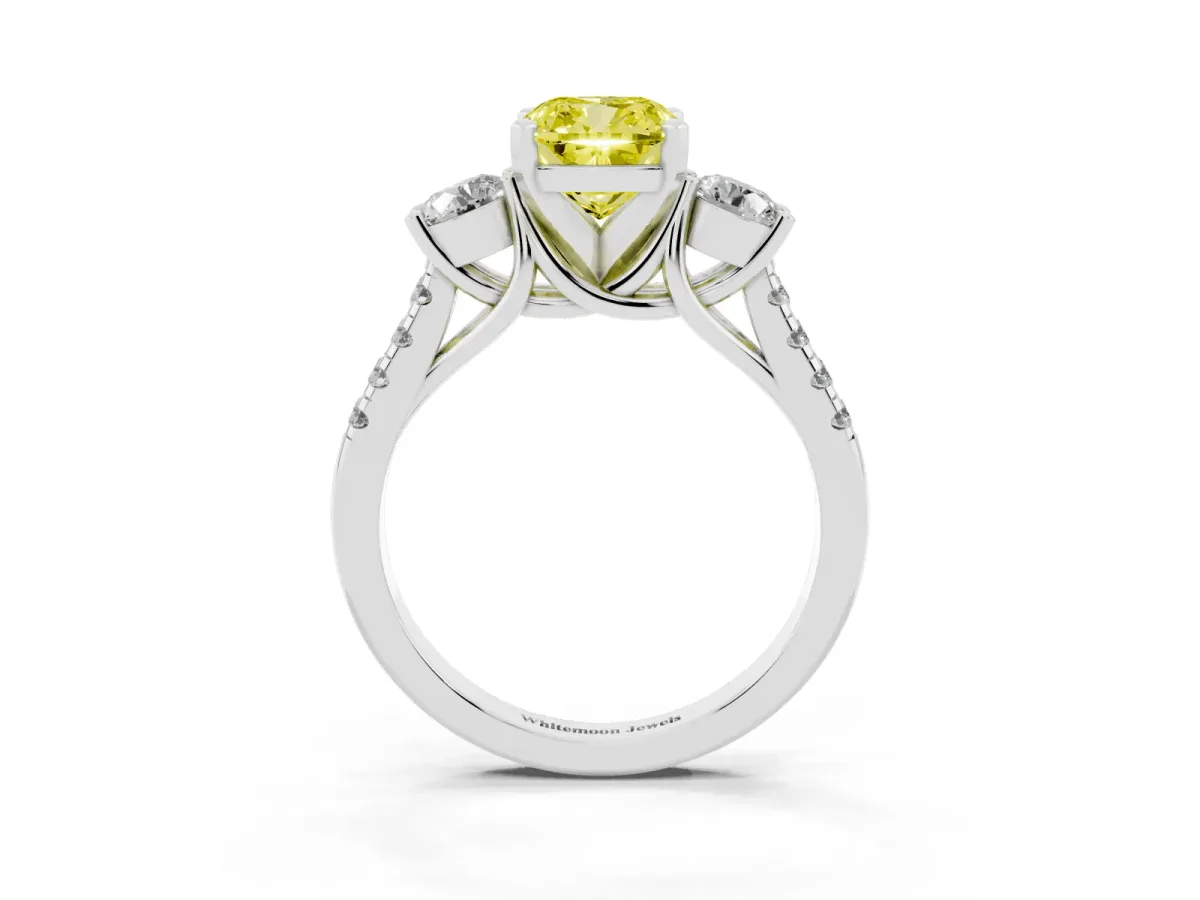 Fancy Yellow Three-Stone Cushion Cut Diamond Pavé Band with Four-Prong Setting Silver