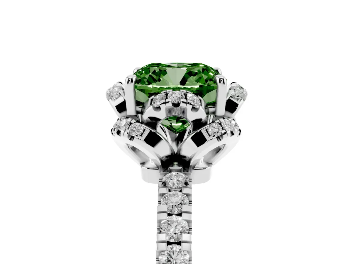 Fancy Green Cushion Cut Halo Diamond Pave Band Ring with Four-Prong Setting Silver