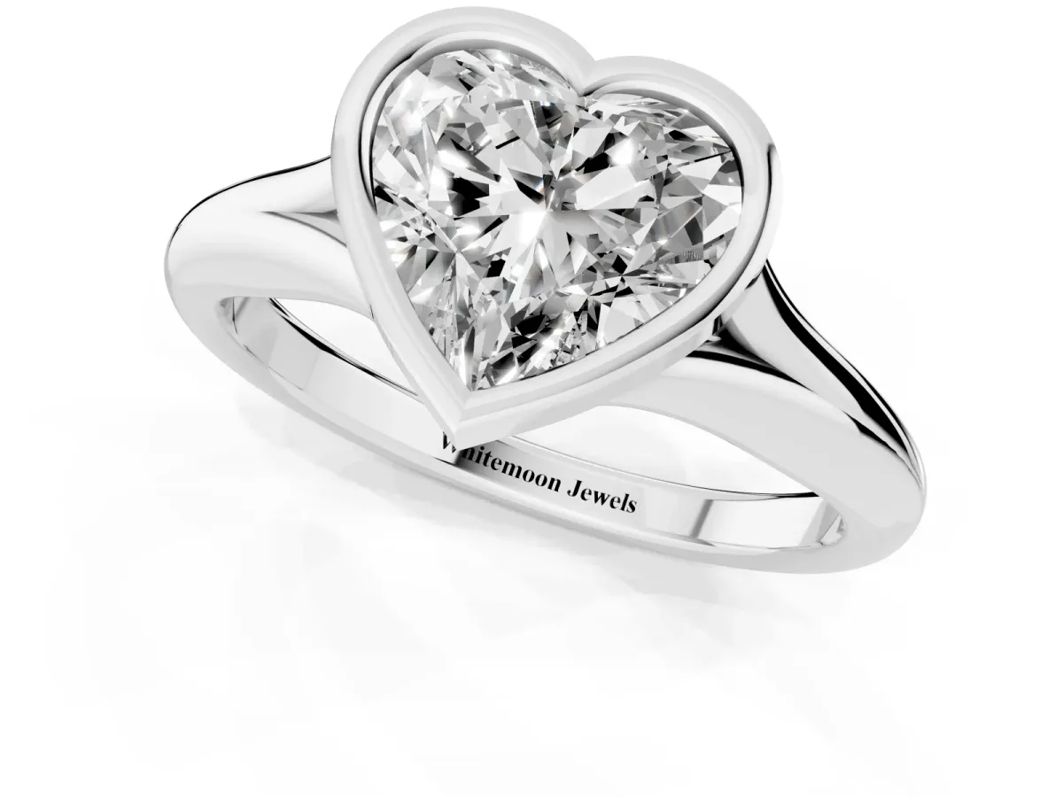 Bezel Set Heart Cut Solitaire Diamond Ring with Smooth Band Silver