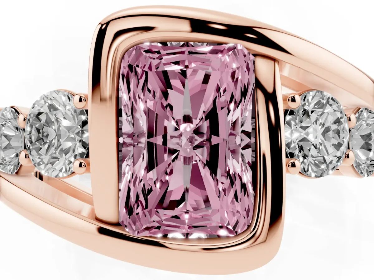 Fancy Pink Bezel Set Radiant Cut Diamond Bypass Ring with Round Accents Rose gold