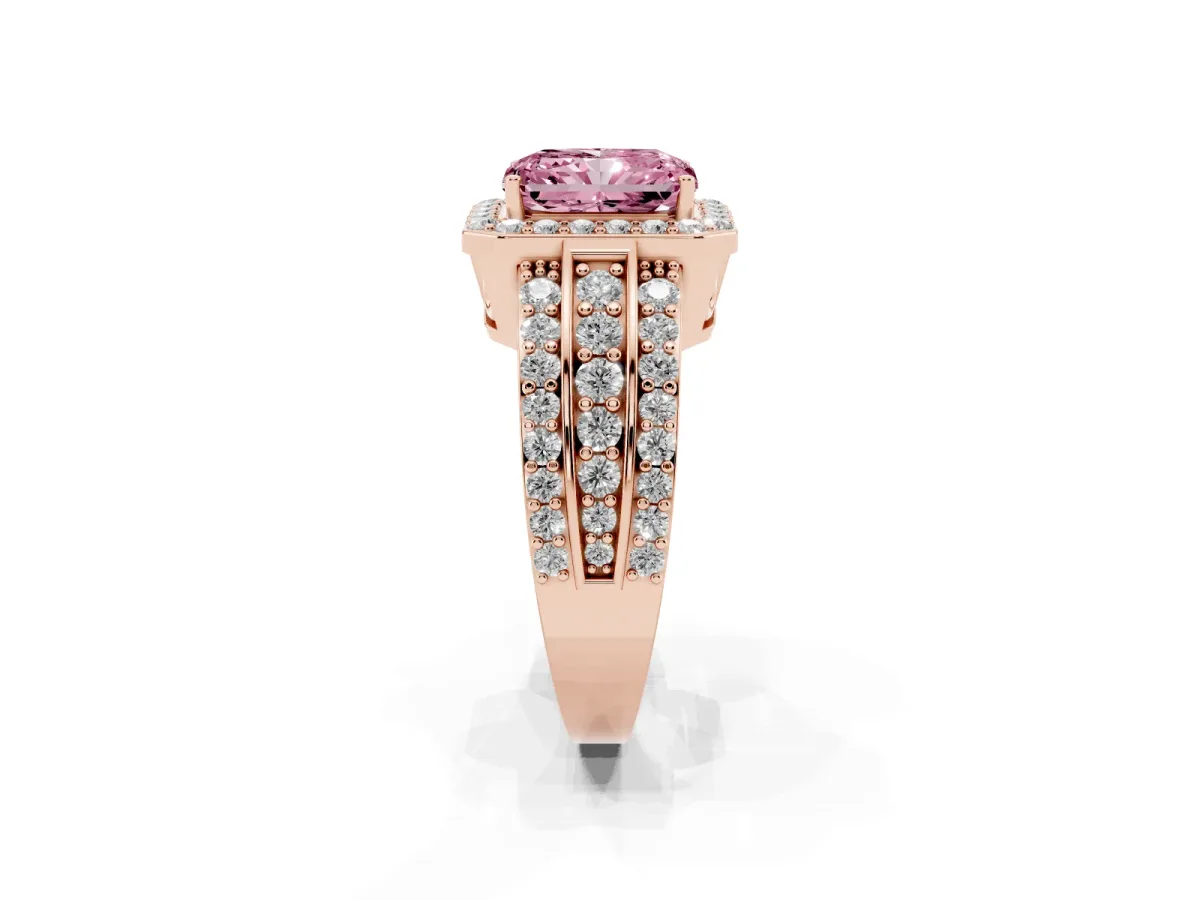 Fancy Pink Radiant Cut Halo Diamond Ring with Round Split Shank and Prong Setting Rose gold
