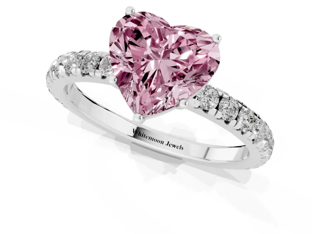 Fancy Pink Heart Cut Diamond Pavé Solitaire Engagement Ring with Four-Prong Setting Silver