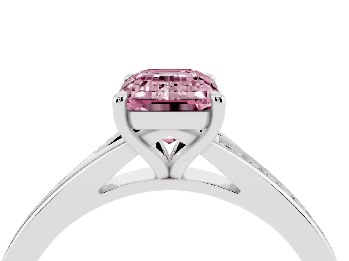 Fancy Pink Emerald Cut Diamond Solitaire Ring with Pavé Band and Prong Setting Silver