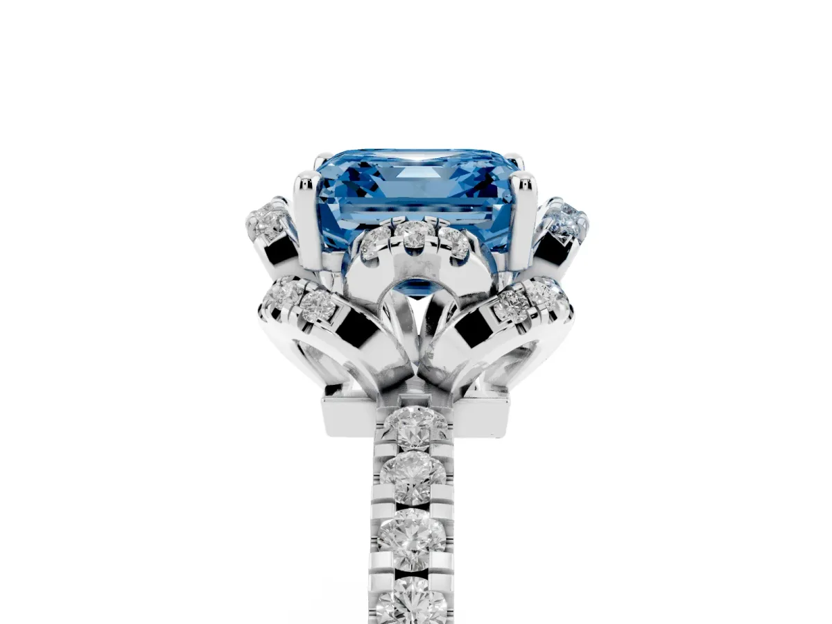 Fancy Blue Asscher Cut Halo Diamond Pave Band Ring with Four-Prong Setting Silver