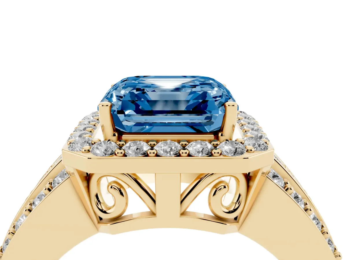 Fancy Blue Asscher Cut Halo Diamond Ring with Round Split Shank and Prong Setting Yellow gold