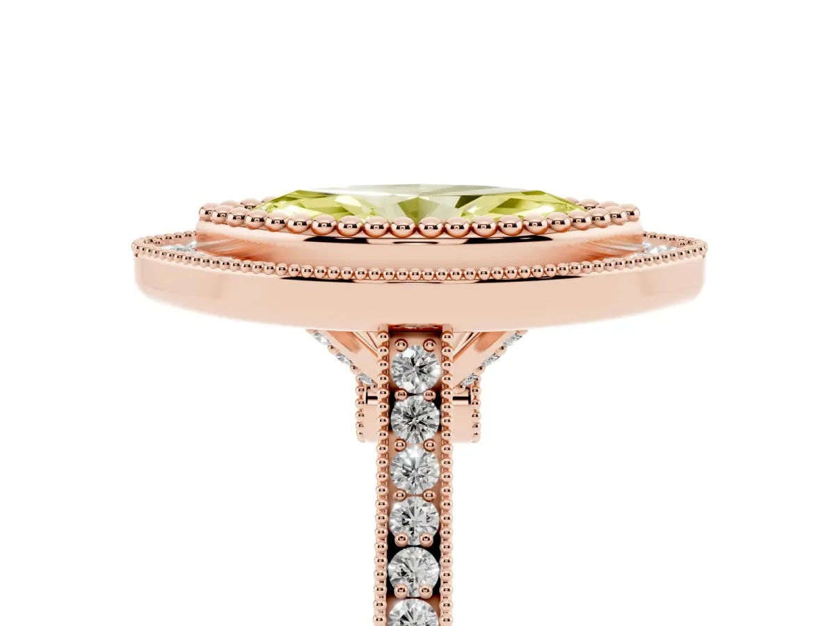 Fancy Yellow Marquise Cut Diamond Halo Ring with Milgrain Frame and Pavé Band Rose gold