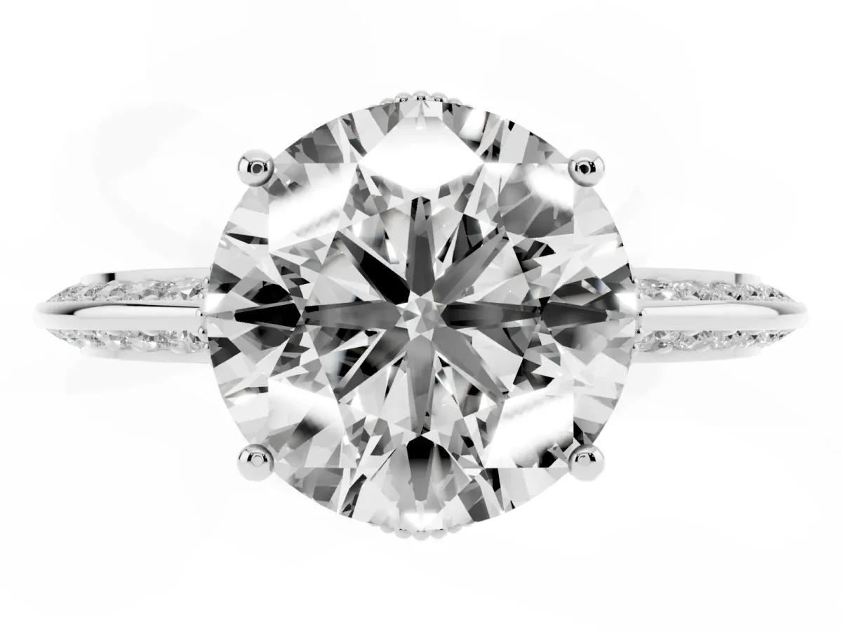 Round Cut Solitaire Split Shank Pave Diamond Engagement Ring with Four-Prong Setting Silver