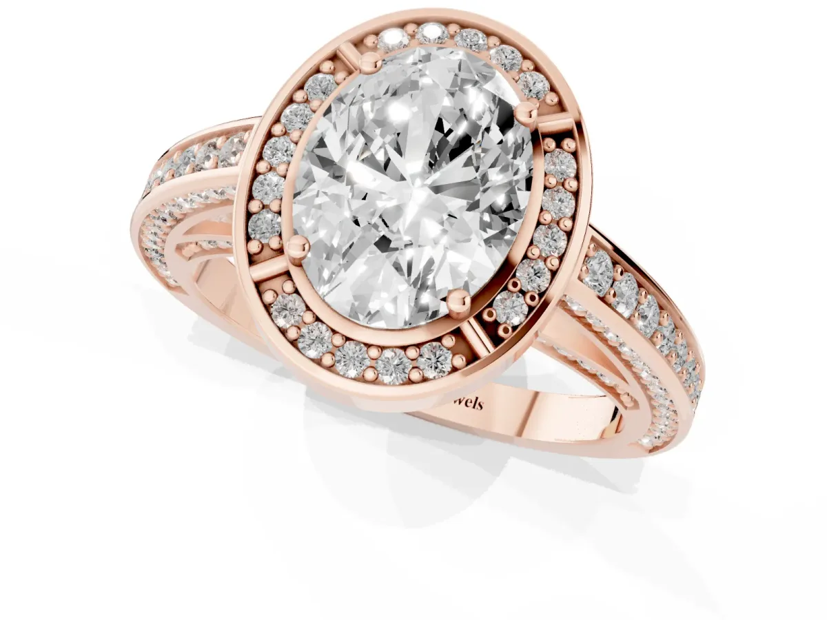 Oval Cut Cut Halo Pave Split Shank Prong Setting Ring Rose gold