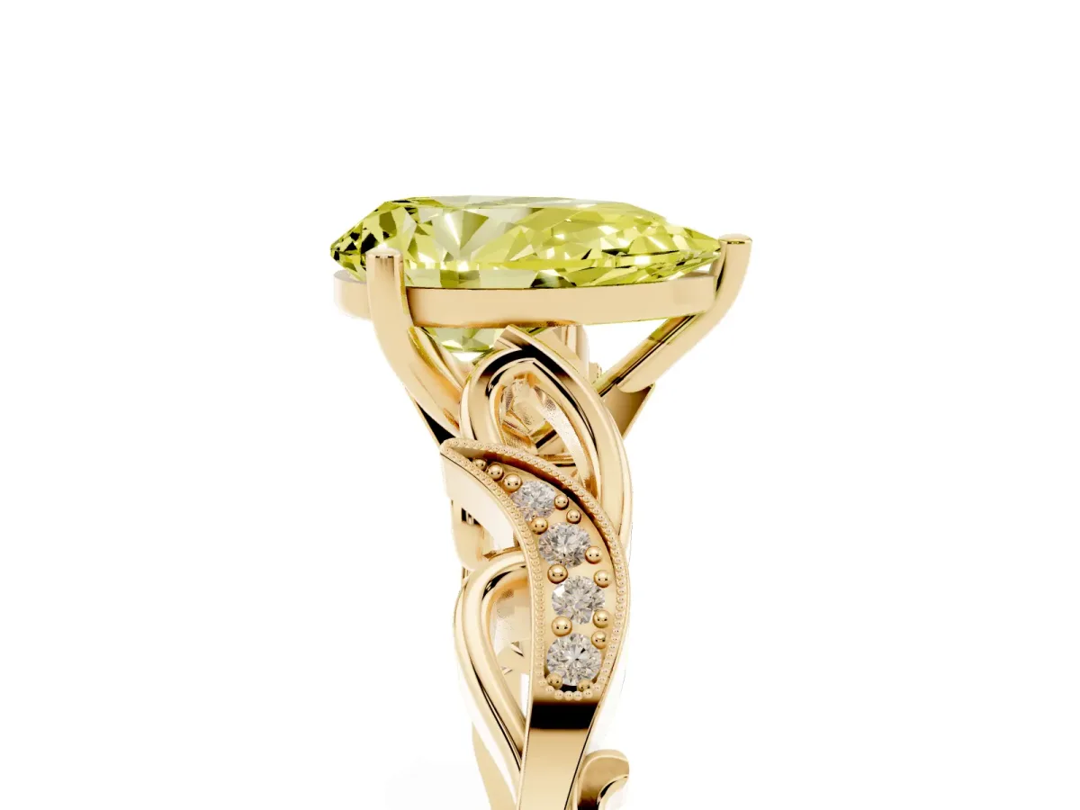Fancy Yellow Pear Cut Solitaire Vine Band with Milgrain Prong Setting Yellow gold