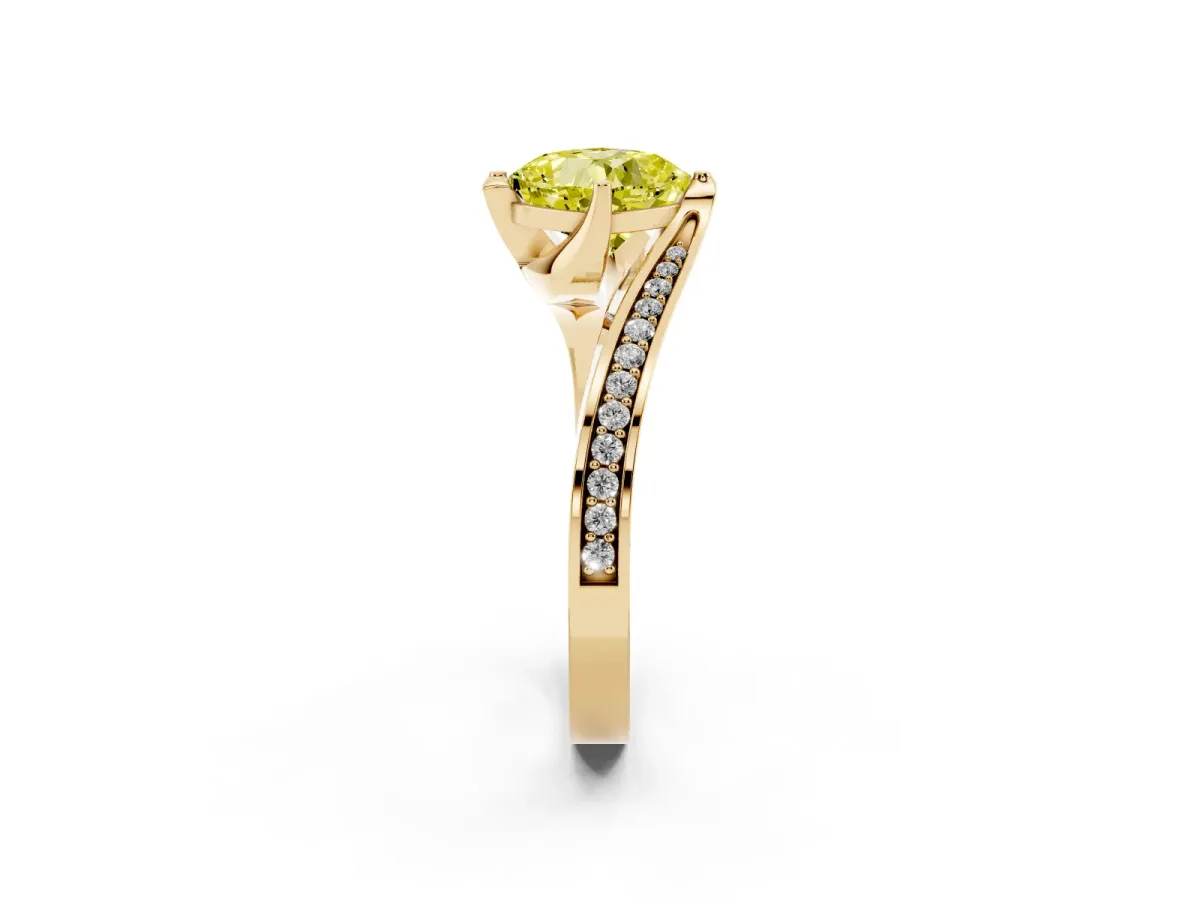 Fancy Yellow Cushion Cut Solitaire Diamond Twist Band with Pavé Setting and Four-Prong Setting Yellow gold