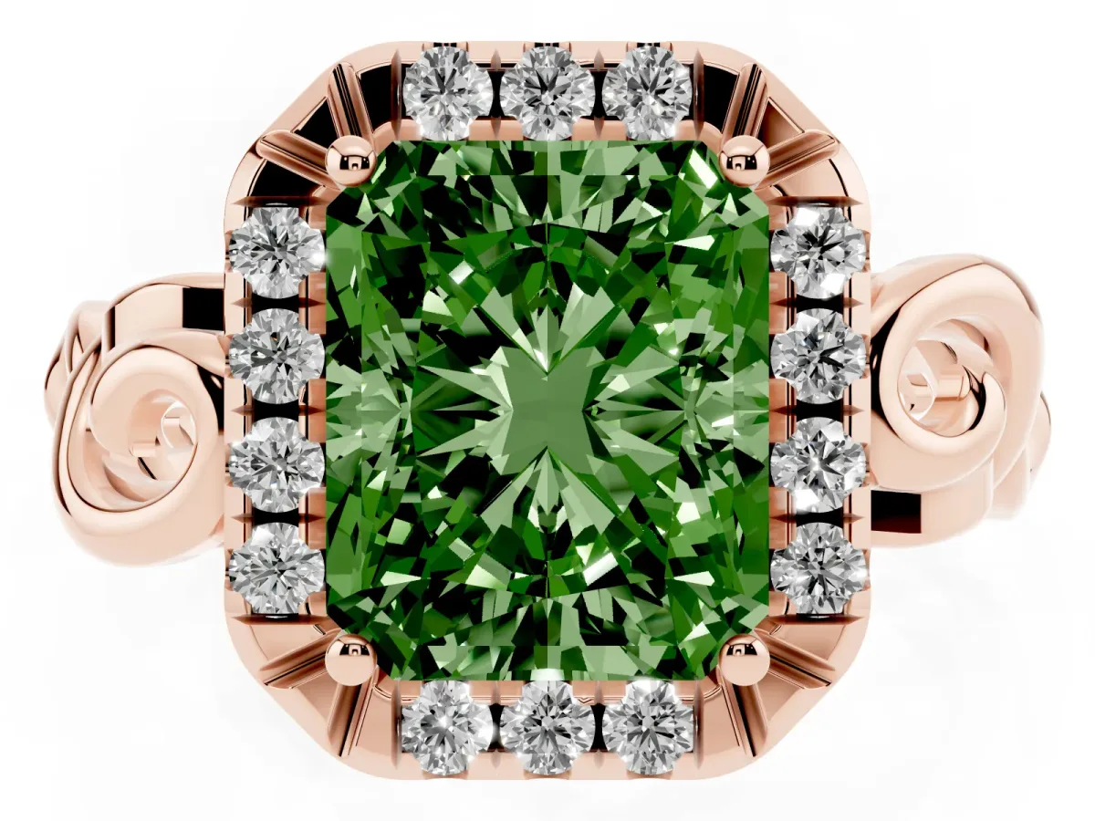 Fancy Green Radiant Cut Cut Halo Diamond Ring with Scrollwork Band and Four-Prong Setting Rose gold