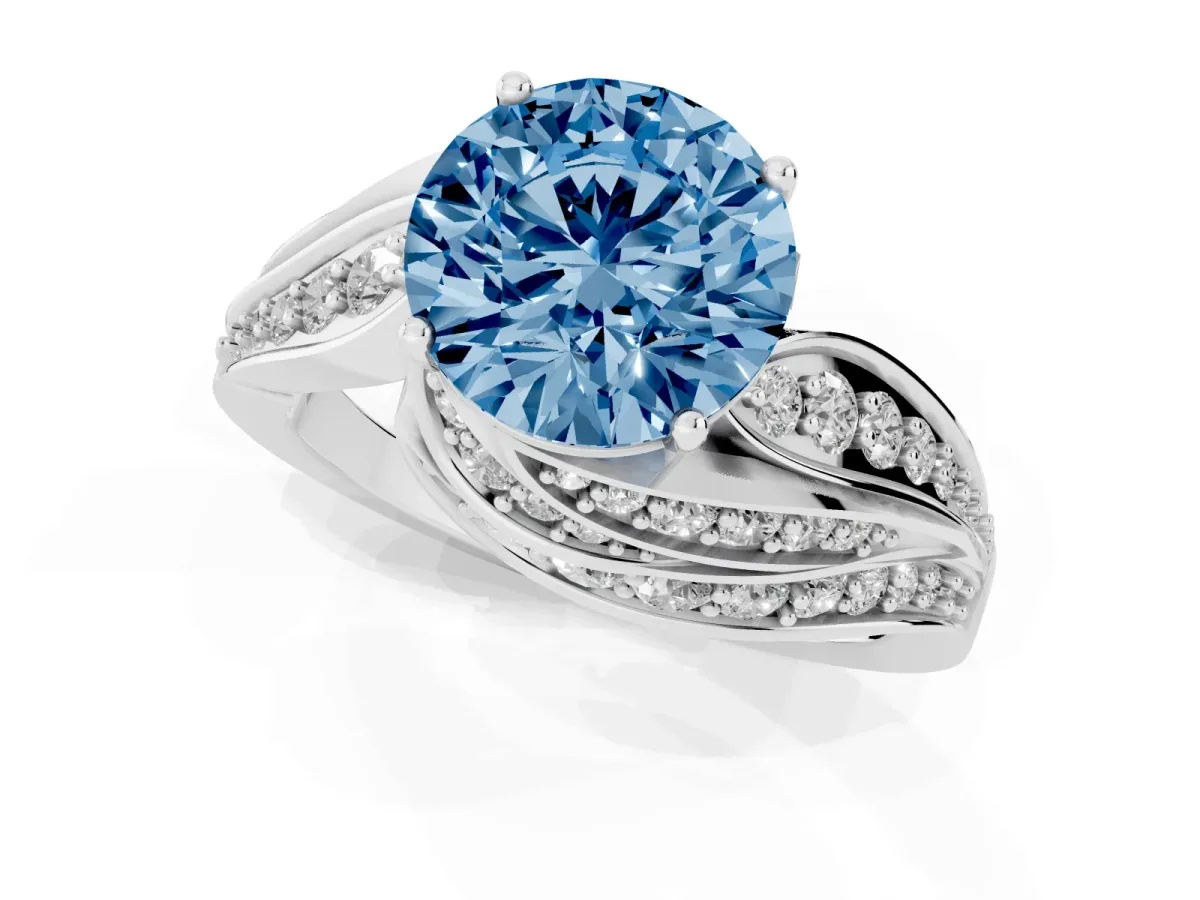 Fancy Blue Round Cut Diamond Solitaire Ring with Prong Setting and Twisted Pavé Band Silver