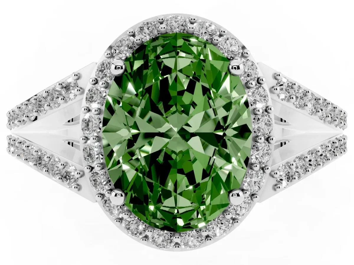 Fancy Green Oval Cut Halo Split Shank Diamond Ring with Prong Setting Silver