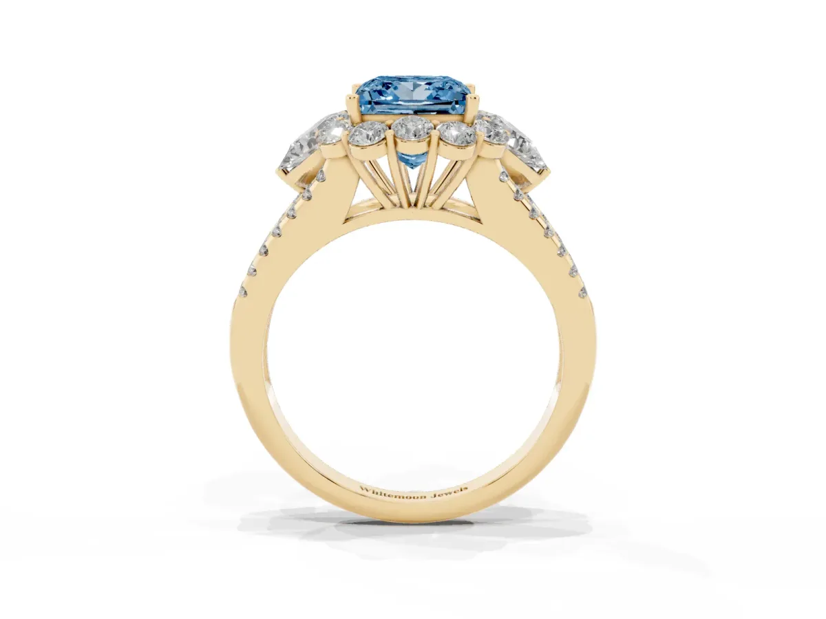 Fancy Blue Princess Cut Halo Split Shank Diamond Engagement Ring with Prong Setting Yellow gold