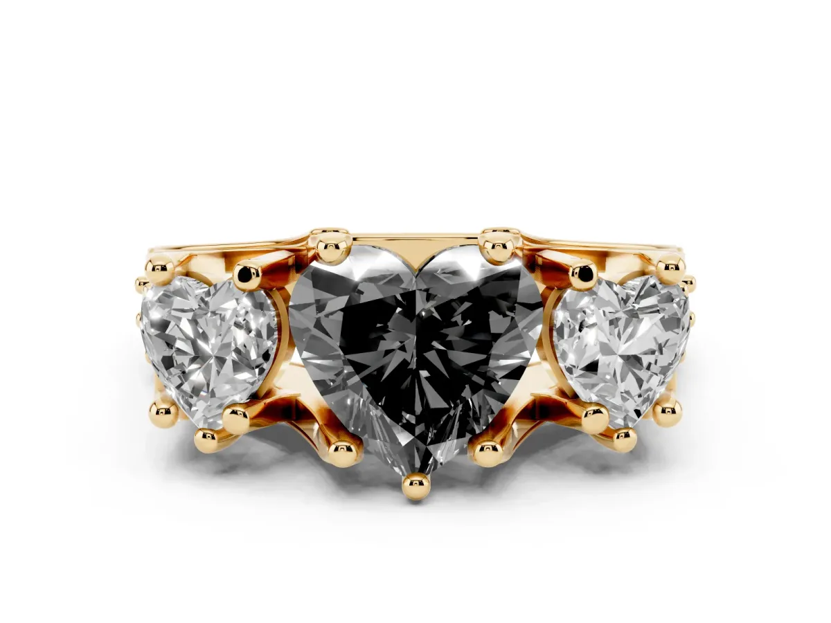 Fancy Black Heart Cut Diamond Three-Stone Ring with Channel Set Band and Four-Prong Setting Yellow gold