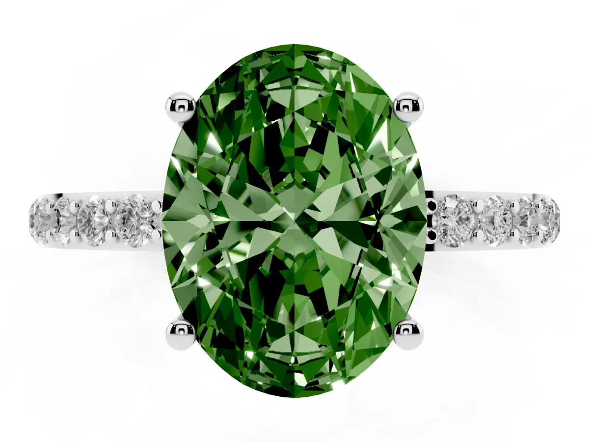 Fancy Green Oval Cut Diamond Solitaire Ring with Round Pavé Shoulders and Prong Setting Silver