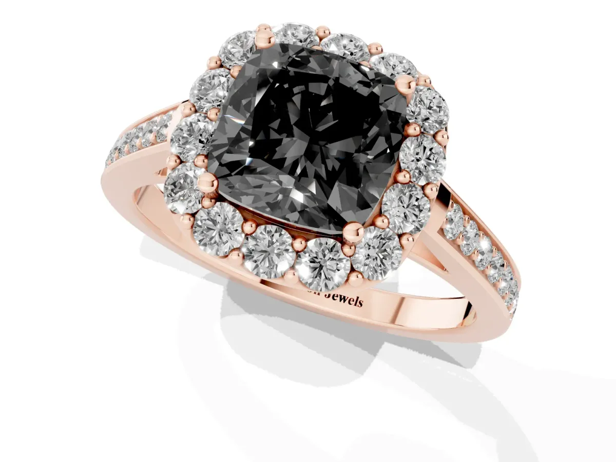 Fancy Black Cushion Cut Diamond Floral Halo Ring with Pavé Band and Prong Setting Rose gold