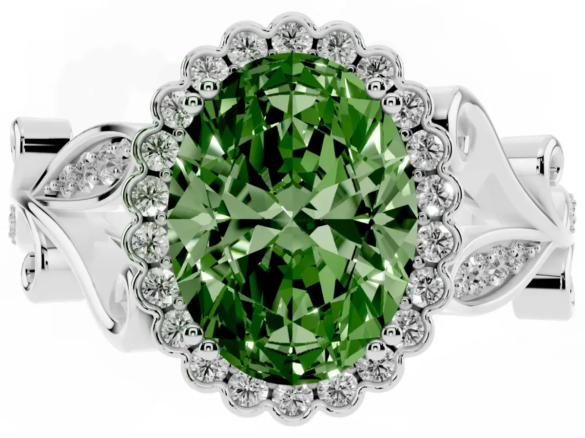 Fancy Green Oval Cut Diamond Halo Ring with Vintage Split Shank and Four-Prong Setting Silver