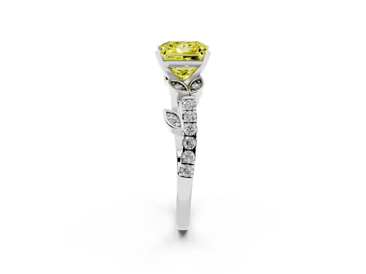 Fancy Yellow Princess Cut Solitaire Leaf-Inspired Diamond Ring with Pavé Band and Four-Prong Setting Platinum
