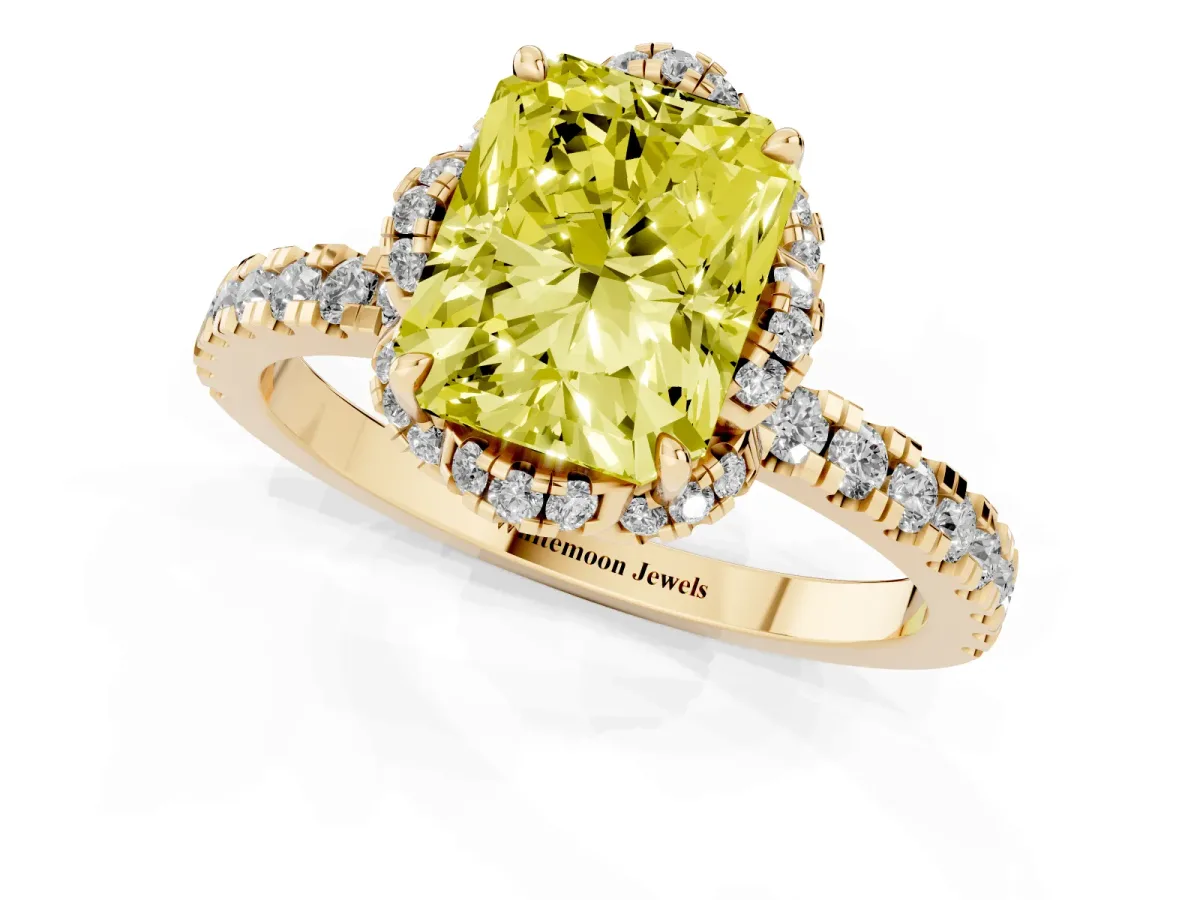 Fancy Yellow Radiant Cut Diamond Halo Pave Band with Four-Prong Setting Yellow gold