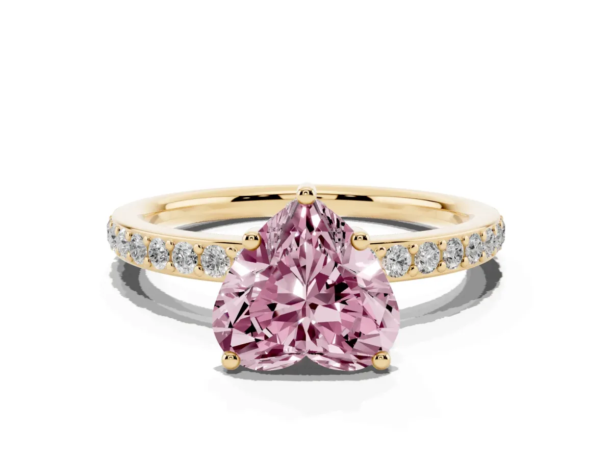 Fancy Pink Heart Cut Cut Diamond Pavé Band Ring with Four-Prong Setting Yellow gold