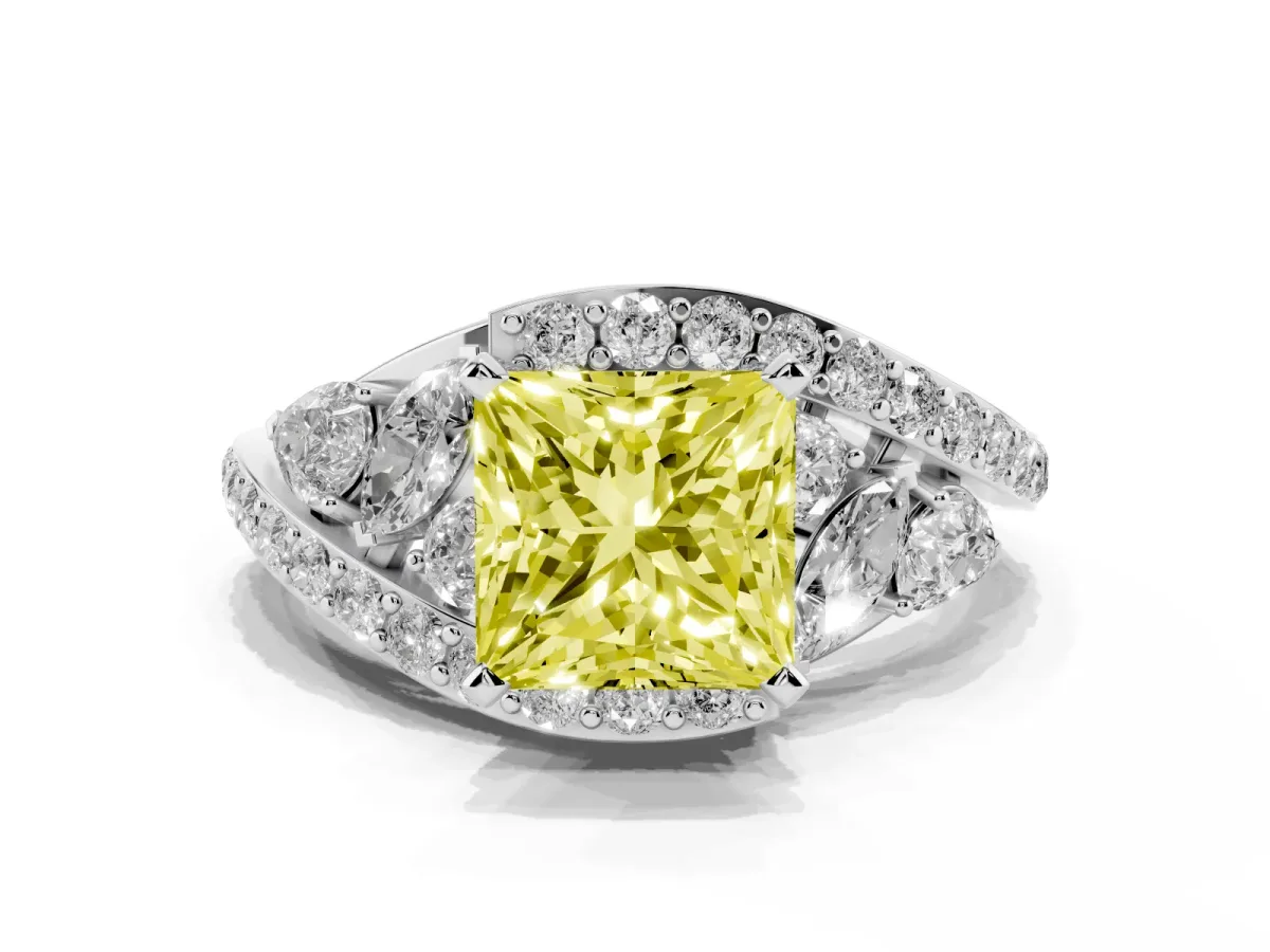 Fancy Yellow Princess Cut Diamond Halo Ring with Marquise and Pavé Band in Prong Setting Silver