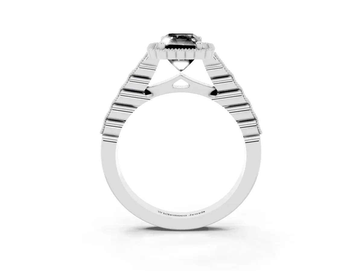 Fancy Black Radiant Cut Cut Halo Pavé Solitaire Ring with Milgrain Band White gold