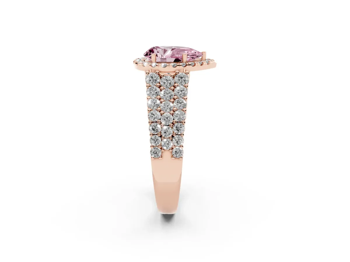 Fancy Pink Pear Cut Diamond Halo Engagement Ring with Triple Row Round Pavé Band and Prong Setting Rose gold