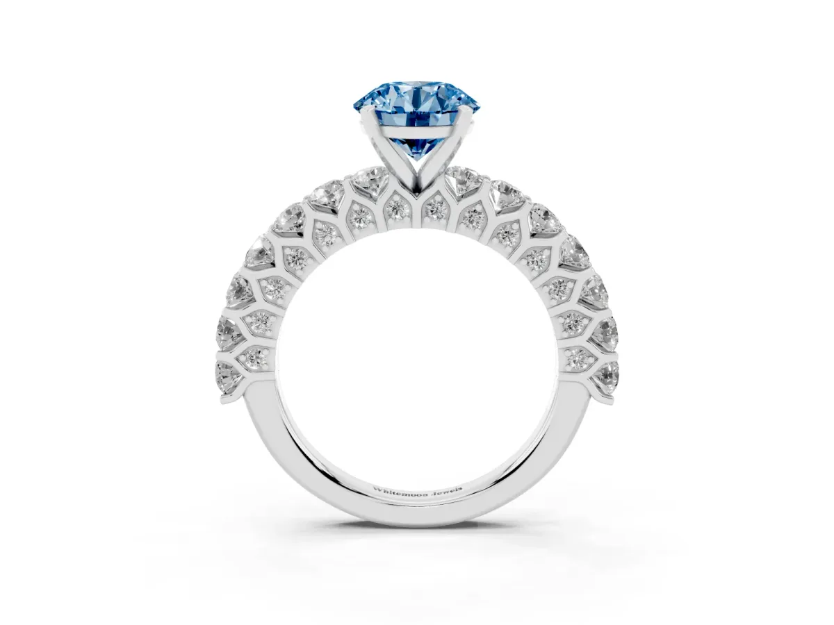 Fancy Blue Round Cut Diamond Solitaire Ring with Shared Prong Pavé Band and Four-Prong Setting Silver