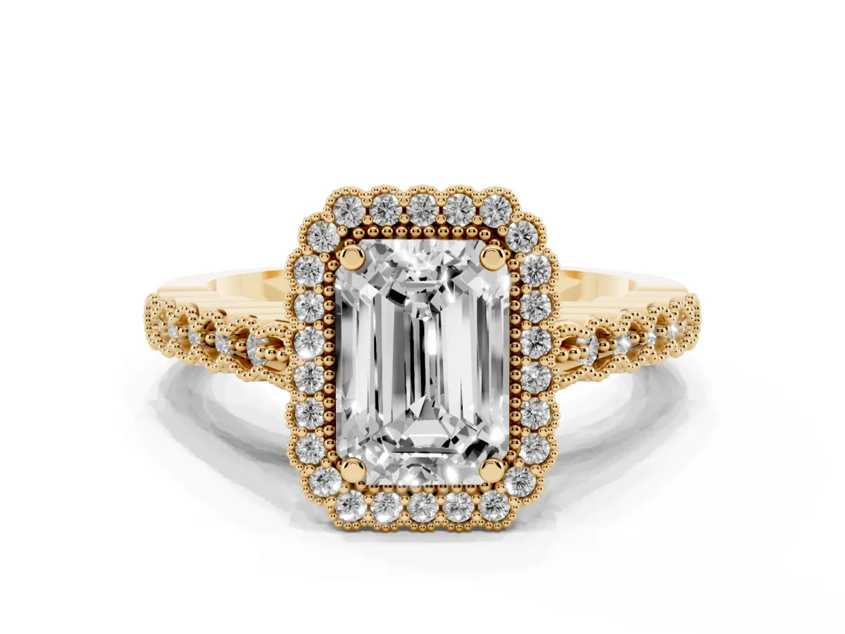Emerald Cut Cut Halo Pavé Solitaire Ring with Milgrain Band Yellow gold
