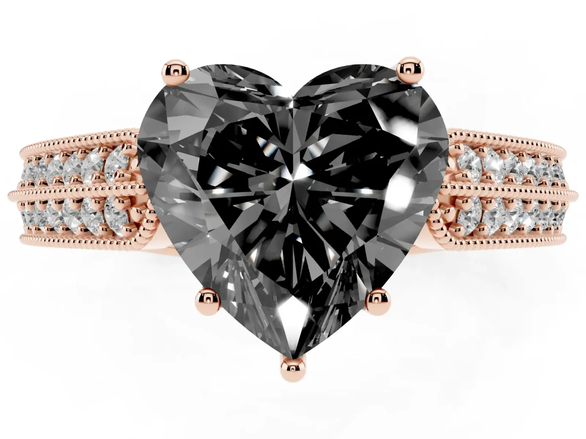 Fancy Black Heart Cut Cut Pave Split Shank Engagement Ring with Four-Prong Setting Rose gold