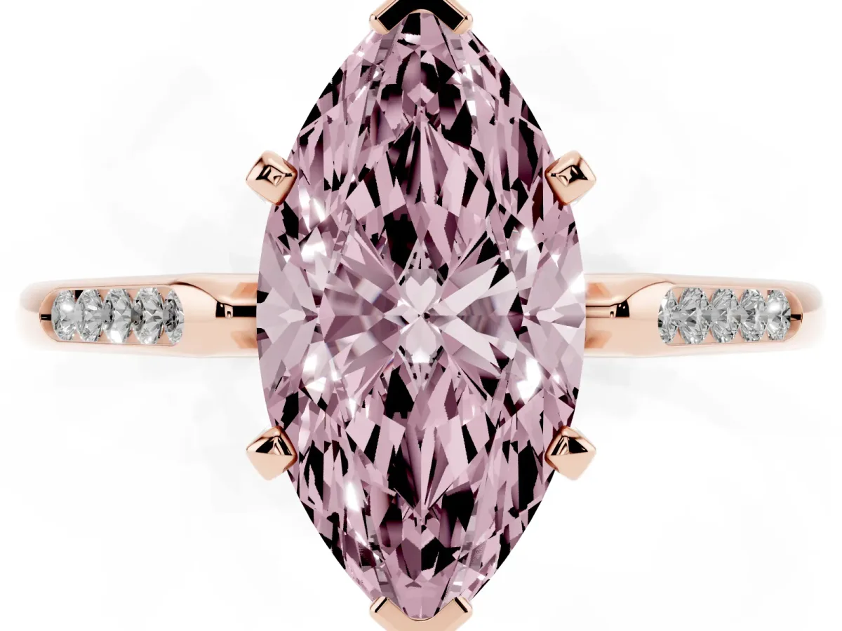 Fancy Pink Marquise Cut Diamond Solitaire Ring with Channel Set Round Band and Prong Setting Rose gold