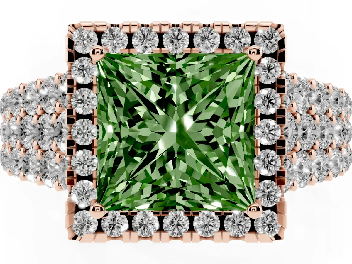 Fancy Green Princess Cut Diamond Halo Engagement Ring with Triple Row Round Pavé Band and Prong Setting Rose gold