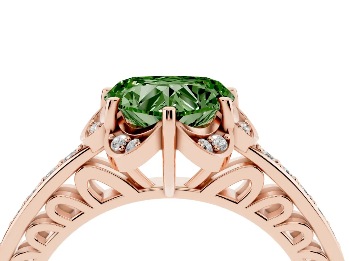 Fancy Green Heart Cut Cut Halo Diamond Ring with Channel Set Band and Four-Prong Setting Rose gold