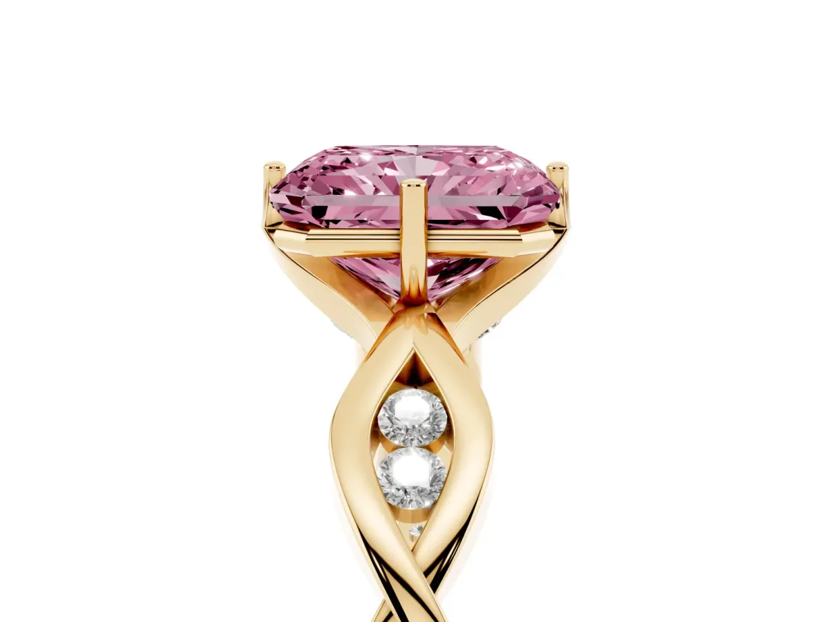 Fancy Pink Radiant Cut Solitaire Twist Band with Leaf Prong Setting Yellow gold