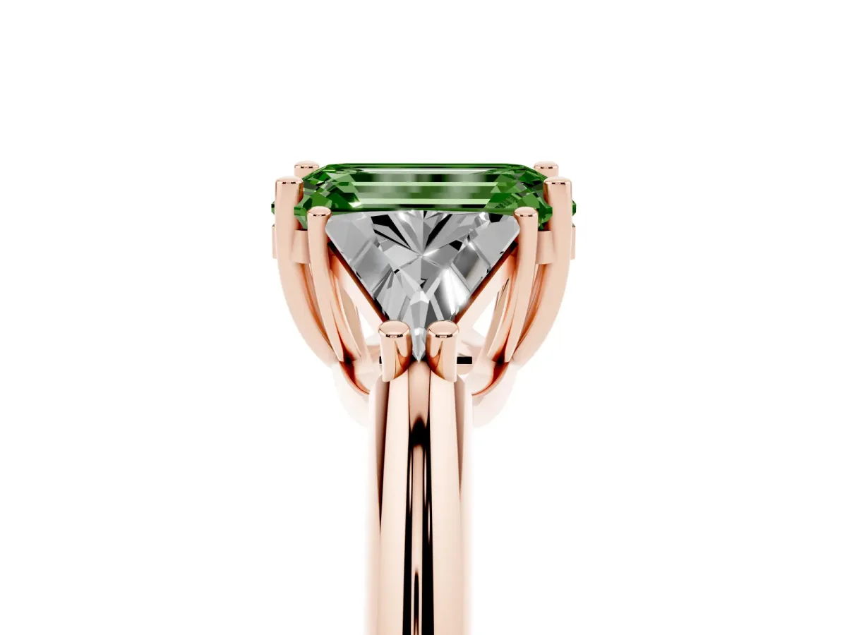 Fancy Green Three-Stone Emerald Cut Diamond Engagement Ring with Trillion Side Stones and Prong Setting Rose gold