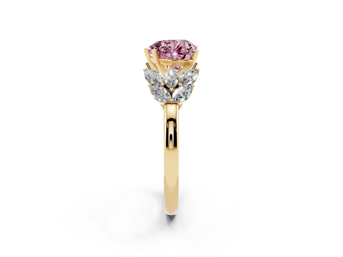 Fancy Pink Heart Cut Diamond Cluster Leaf Design Ring with Prong Setting Yellow gold