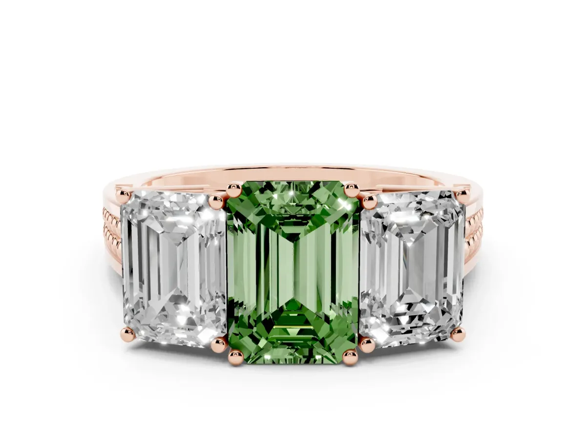 Fancy Green Emerald Cut Diamond Three-Stone Ring with Prong Setting and Textured Band Rose gold