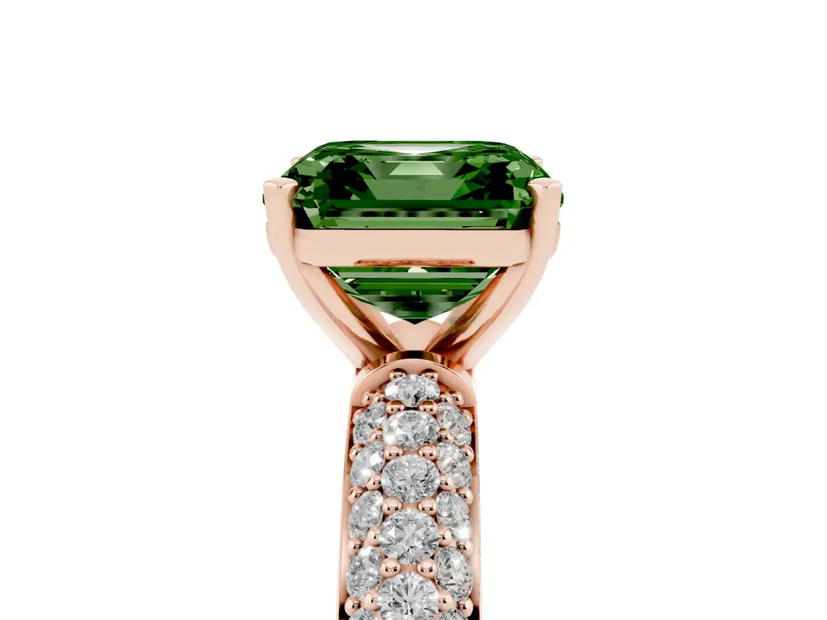 Fancy Green Asscher Cut Diamond Solitaire Ring with Prong Setting and Pavé Band Rose gold