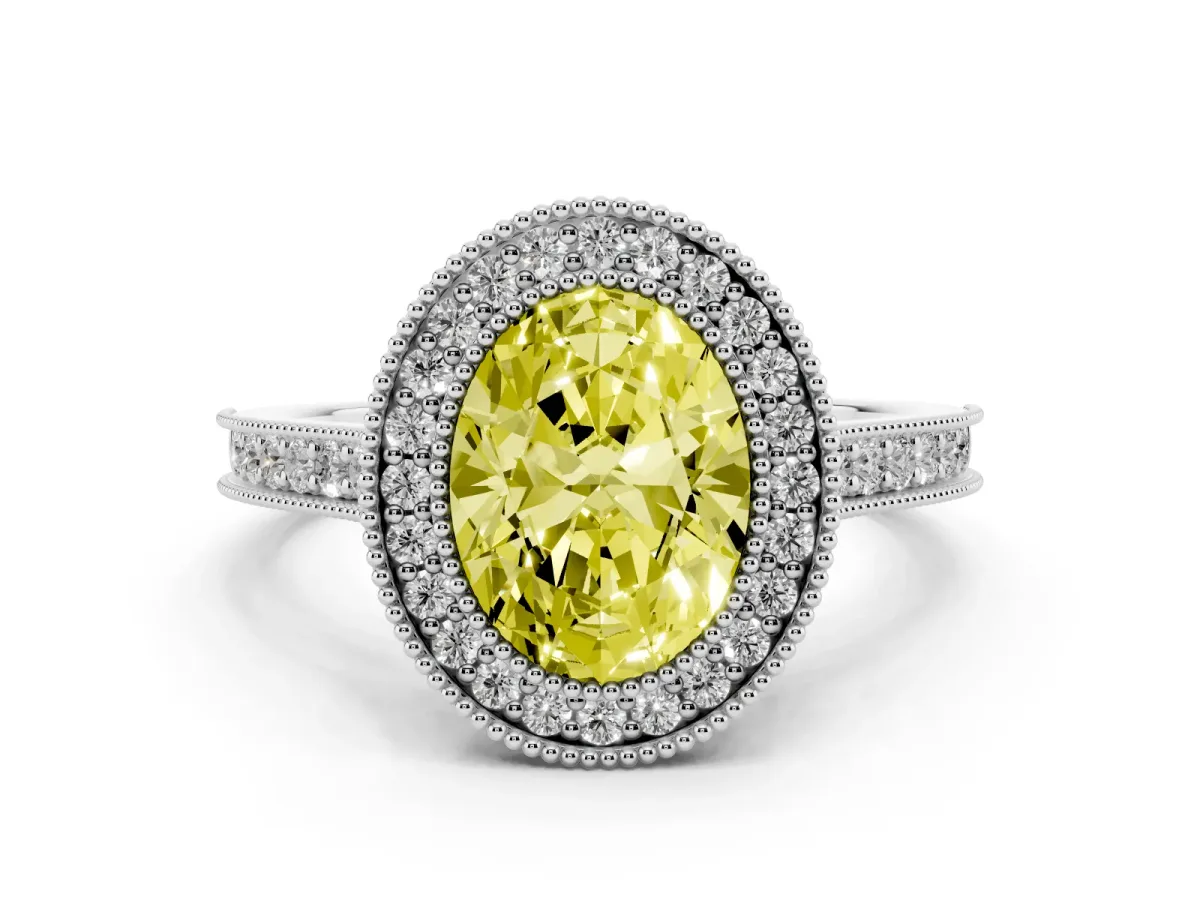 Fancy Yellow Halo Oval Cut-Cut Diamond Pave Band Milgrain Prong Setting Ring Silver
