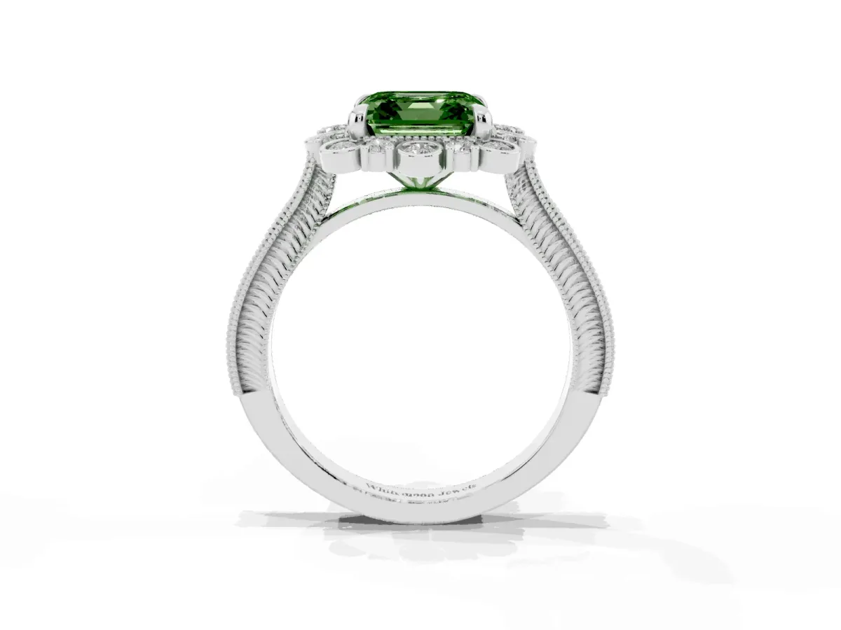 Fancy Green Asscher Cut Halo Milgrain Pave Diamond Ring with Four-Prong Setting Silver