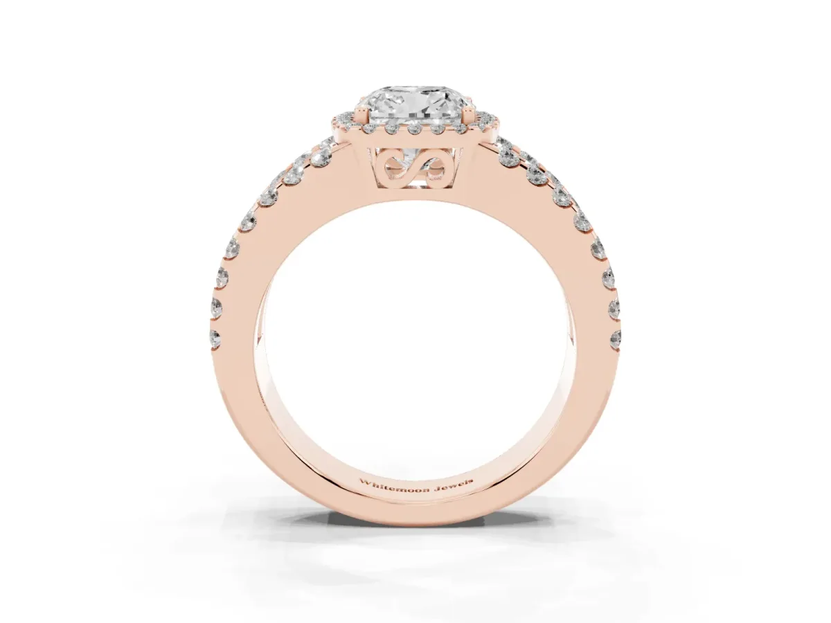 Cushion Cut Cut Halo Split Shank Diamond Ring with Four-Prong Setting Rose gold