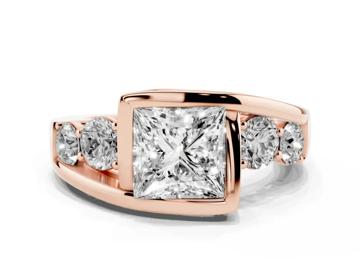 Bezel Set Princess Cut Diamond Bypass Ring with Round Accents Rose gold