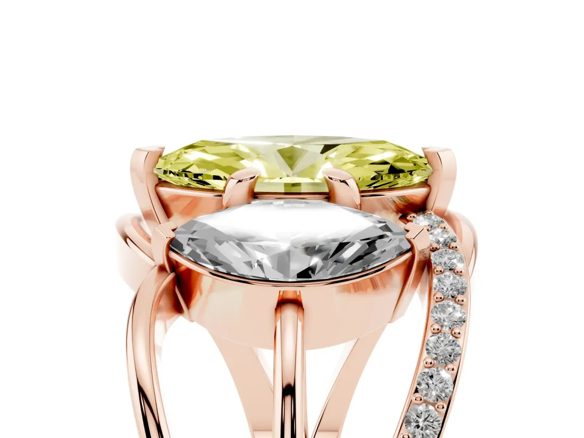 Fancy Yellow Three-Stone Marquise Cut Cut Diamond Split Shank Prong Set Ring Rose gold