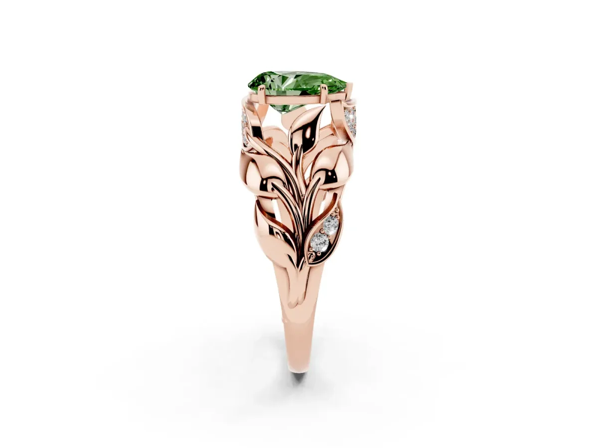 Fancy Green Pear Cut Diamond Leaf-Inspired Engagement Ring with Round Accents and Prong Setting Rose gold