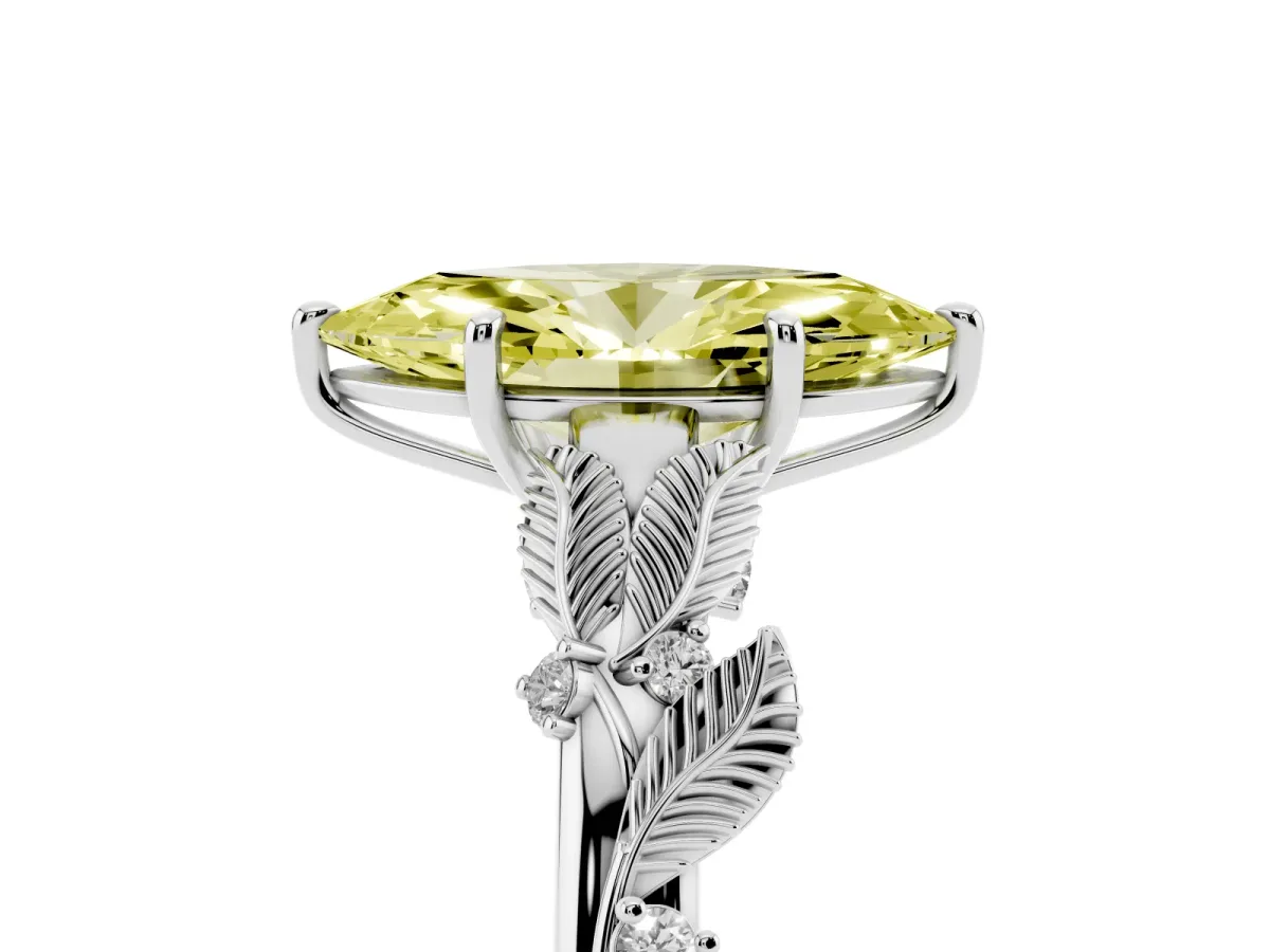 Fancy Yellow Marquise Cut Diamond Solitaire Ring with Leaf Motif Band and Four-Prong Setting Silver