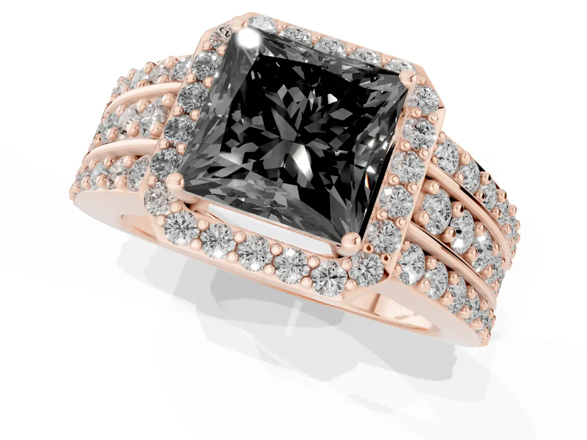Fancy Black Princess Cut Halo Diamond Ring with Round Split Shank and Prong Setting Rose gold