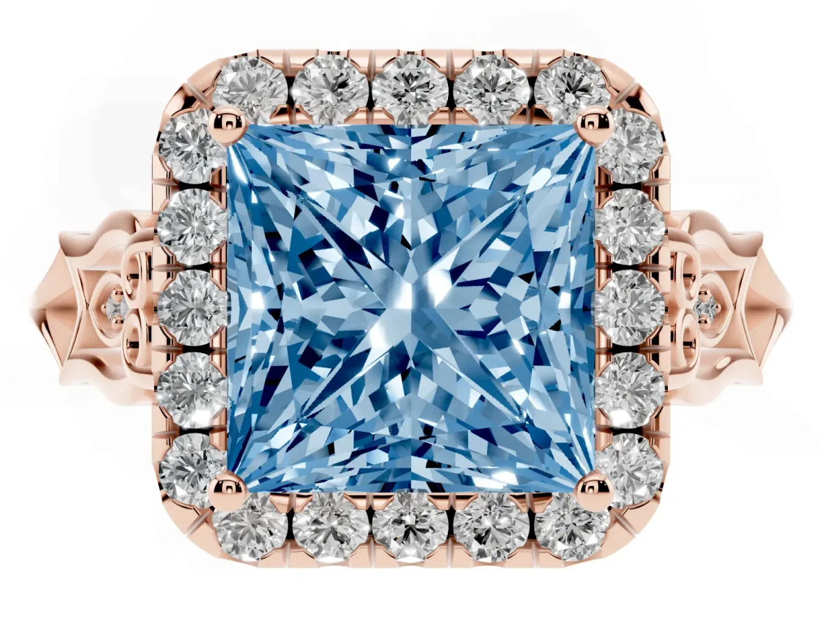 Fancy Blue Princess Cut Halo Diamond Engagement Ring with Filigree Band and Four-Prong Setting Rose gold